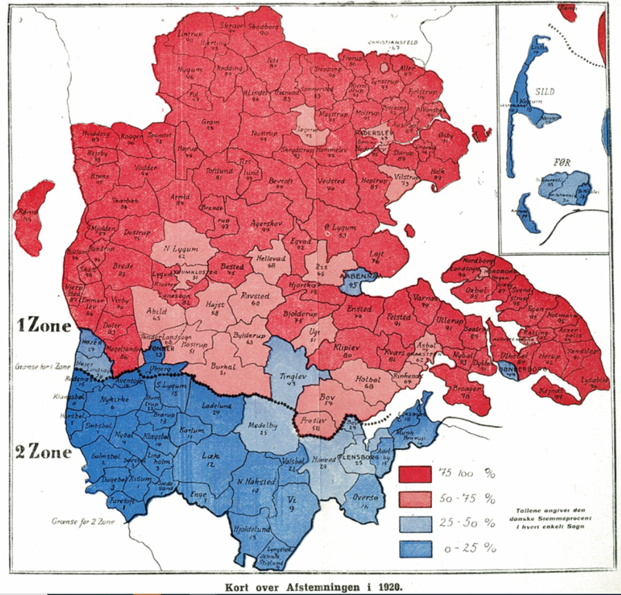 Stemmeprocenterne i 1. og 2. Zone i 1920 - jo længere nordpå desto flere stemte dansk